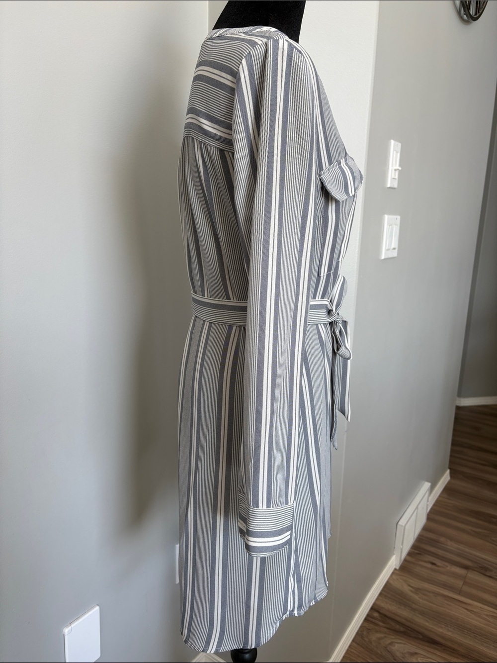 Dex Striped Long-Sleeve Shirt Dress in Gray and White - Picture 5 of 6